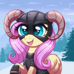 Size: 4000x4000 | Tagged: safe, artist:confetticakez, derpibooru import, fluttershy, pegasus, pony, armor, armored pony, crossover, cute, dovahkiin, dovahshy, female, heart, heart eyes, helmet, horned helmet, image, mare, open mouth, parody, png, shyabetes, skyrim, snow, solo, the elder scrolls, tree, wingding eyes