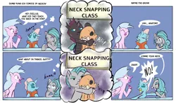 Size: 3400x2000 | Tagged: safe, artist:skunkstripe, derpibooru import, ocellus, silverstream, swift foot, changeling, hippogriff, comic, dialogue, dumb yung-six comics, dummy, image, nail file, neck snap, png, pre changedling ocellus, simple background, sweat, sweatdrop, thracian