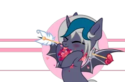 Size: 3382x2209 | Tagged: safe, artist:idkhesoff, derpibooru import, oc, oc:elizabat stormfeather, unofficial characters only, alicorn, bat pony, bat pony alicorn, pony, :p, alicorn oc, arrow, bat pony oc, bat wings, blushing, eyes closed, female, heart, holiday, horn, image, mare, png, simple background, solo, tongue out, transparent background, valentine's day, wings