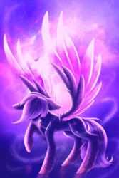 Size: 4000x6000 | Tagged: safe, artist:shad0w-galaxy, derpibooru import, oc, oc:shadow galaxy, unofficial characters only, pegasus, pony, absurd resolution, chest fluff, ethereal mane, ethereal wings, female, hooves, image, magic, mare, png, reflection, slim, solo, starry mane, starry wings, stars, thin, unshorn fetlocks, wings
