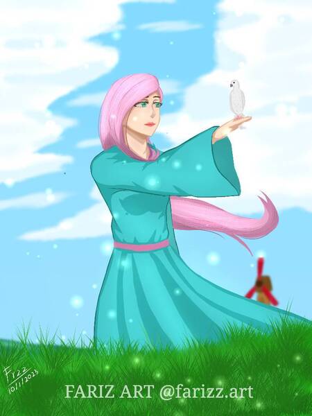 Size: 768x1024 | Tagged: safe, artist:lencai123, derpibooru import, fluttershy, bird, human, female, humanized, image, jpeg, solo, windmill