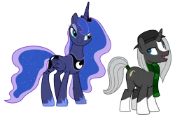 Size: 7464x4973 | Tagged: safe, artist:90sigma, artist:vector-brony, derpibooru import, edit, vector edit, princess luna, oc, oc:night quill, alicorn, pony, unicorn, .svg available, absurd resolution, bedroom eyes, blaze (coat marking), canon x oc, clothes, coat markings, facial markings, female, hat, height difference, image, luill, male, open mouth, physique difference, png, scarf, shipping, simple background, socks (coat marking), stallion, straight, tail, tail wrap, transparent background, vector