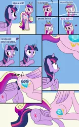 Size: 1250x2000 | Tagged: suggestive, artist:mightyshockwave, derpibooru import, princess cadance, twilight sparkle, alicorn, pony, anal vore, blushing, butt, comic, featureless crotch, female, fetish, head up butt, horn, horn ring, image, jewelry, magic suppression, mare, penetration, plot, png, ring, sex, speech bubble, text, vore