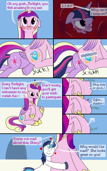 Size: 1250x2000 | Tagged: questionable, artist:mightyshockwave, derpibooru import, princess cadance, shining armor, twilight sparkle, pony, unicorn, abdominal bulge, anal vore, belly hug, blushing, butt, comic, digestion, female, fetish, heart, hug, image, implied death, infidelity, internal, lesbian, lip bite, male, mare, murder, plot, png, shipping, speech bubble, stallion, stomach noise, twidance, vore