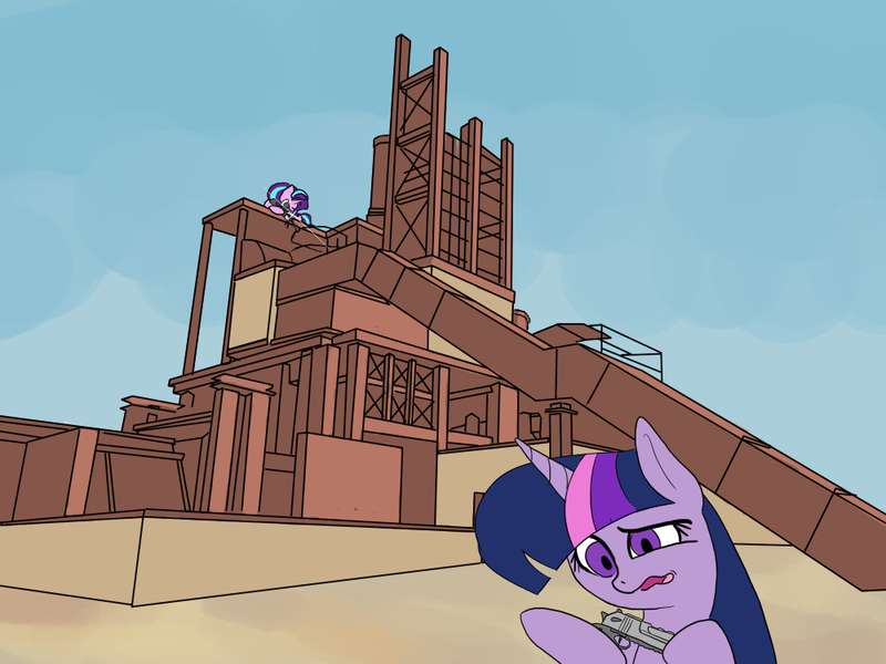 Size: 1000x750 | Tagged: safe, artist:slamjam, derpibooru import, starlight glimmer, twilight sparkle, call of duty: modern warfare 2, desert eagle, image, jpeg, rust