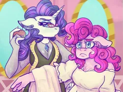 Size: 2364x1756 | Tagged: safe, artist:mimiporcellini, derpibooru import, pinkie pie, rarity, anthro, earth pony, unicorn, duo, eyebrows, female, floppy ears, frown, glasses, image, measuring tape, pincushion, png, rarity's glasses