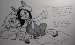 Size: 2048x1229 | Tagged: safe, artist:pony quarantine, derpibooru import, pony, australia, bill the bastard, blanket, bunny suit, clothes, dialogue, duo, image, jpeg, looking at each other, looking at someone, midnight (horse), text, traditional art, warpone