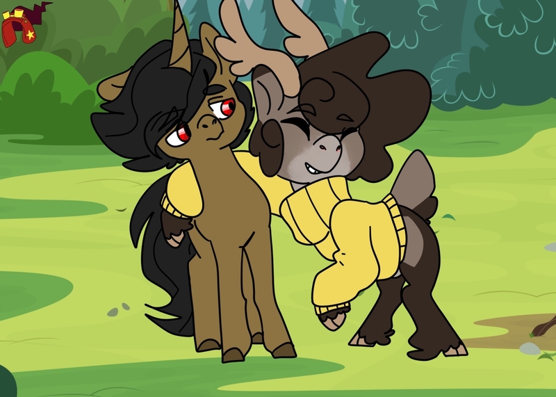 Size: 1400x1000 | Tagged: safe, artist:void-home, derpibooru import, oc, unofficial characters only, pony, unicorn, arm around neck, caribou, clothes, duo, image, jpeg, sweater
