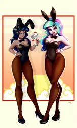 Size: 605x1000 | Tagged: suggestive, artist:the-park, princess celestia, princess luna, human, bowtie, bunny ears, bunny suit, clothes, hands on hip, high heels, humanized, image, looking at you, lunar new year, open mouth, playboy bunny princess celestia, playboy bunny princess luna, png, shoes, smiling