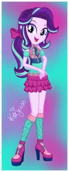 Size: 1272x3184 | Tagged: safe, artist:machakar52, derpibooru import, starlight glimmer, human, equestria girls, alternate hairstyle, bow, clothes, cutie mark, cutie mark on clothes, eyebrows, female, hair bow, hands together, high heels, high res, image, jewelry, necklace, open mouth, open smile, png, ponytail, school uniform, shoes, signature, smiling, solo, winx club
