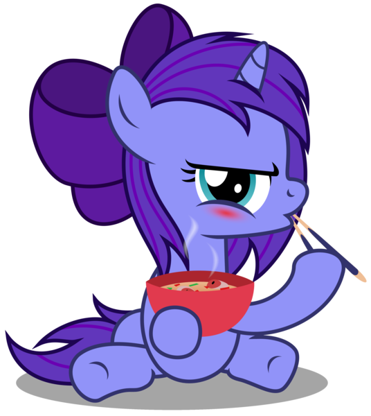 Size: 2990x3350 | Tagged: safe, artist:strategypony, derpibooru import, oc, oc:seafood dinner, unofficial characters only, pony, unicorn, blushing, bow, bowl, chopsticks, eating, female, filly, foal, food, hair bow, high res, hoof hold, horn, image, looking at you, png, seafood, shadow, simple background, sitting, solo, transparent background, unicorn oc