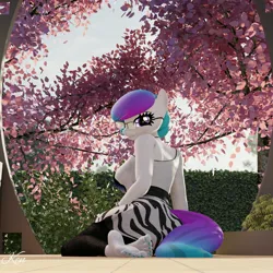 Size: 3840x3840 | Tagged: safe, artist:kenaga, derpibooru import, oc, oc:aurora starling, anthro, earth pony, plantigrade anthro, 3d, barefoot, blender, cherry blossoms, clothes, feet, female, flower, flower blossom, gift art, glasses, grin, image, jpeg, looking at you, looking back, looking back at you, nail polish, pants, smiling, smiling at you, soles, solo, tanktop, toenail polish, toes, tree