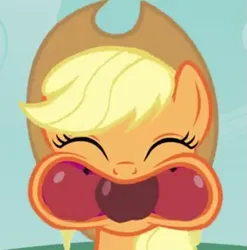 Size: 789x800 | Tagged: safe, derpibooru import, screencap, applejack, earth pony, pony, apple family reunion, apple, food, image, png, silly, silly pony, solo, who's a silly pony