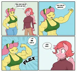 Size: 4096x3837 | Tagged: safe, artist:matchstickman, derpibooru import, posey (g5), anthro, earth pony, pegasus, pony, 4 panel comic, abs, biceps, breasts, busty posey bloom, clothes, comic, deltoids, dialogue, duo, emanata, female, flexing, g5, gritted teeth, image, implied izzy moonbow, jpeg, mare, muscles, muscular female, pecs, posey brawn, shocked, shocked expression, speech bubble, teeth, thighs, thunder thighs, triceps, windy (g5)