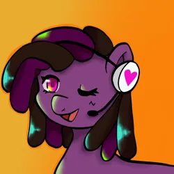 Size: 2048x2048 | Tagged: safe, artist:mlpstim, derpibooru import, oc, oc:tmoney, unofficial characters only, earth pony, pony, dreadlocks, female, gradient background, headset, headset mic, image, mare, one eye closed, open mouth, open smile, png, smiling, solo, wink