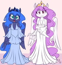 Size: 1446x1500 | Tagged: safe, artist:fuf, derpibooru import, princess celestia, princess luna, alicorn, anthro, pony, big eyes, clothes, crown, dress, female, filly, filly celestia, filly luna, foal, formal wear, horn, image, jewelry, looking at you, open mouth, png, regalia, smiling, wings, younger