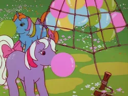 Size: 960x720 | Tagged: safe, derpibooru import, screencap, powder, starflower, pony, unicorn, escape from catrina, my little pony 'n friends, balloon, blowing, blowing up balloons, bow, duo, female, g1, image, inflating, mare, net, png, tail, tail bow