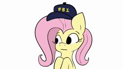 Size: 1920x1080 | Tagged: safe, artist:tjpones, derpibooru import, fluttershy, pegasus, pony, animated, baseball cap, bust, cap, dialogue, fbi, female, glow-in-the-dark, hat, image, mare, simple background, solo, talking to viewer, webm, white background