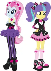 Size: 415x579 | Tagged: safe, artist:sturk-fontaine, derpibooru import, pixel pizazz, violet blurr, equestria girls, 80s, bases used, crossed arms, duo, duo female, female, flower, flower in hair, gothic lolita, hand on hip, image, pigtails, png, simple background, slim, thin, twintails, white background
