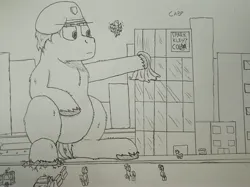 Size: 4460x3344 | Tagged: suggestive, derpibooru import, oc, earth pony, pony, building, car, city, cleaning, earth pony oc, giant pony, hat, image, jpeg, macro, meta, pencil, pencil drawing, sitting, stallion oc, tiny, tiny ponies, traditional art, twitter