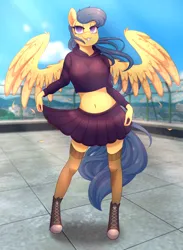 Size: 2252x3072 | Tagged: safe, artist:nanazdina, derpibooru import, oc, oc:aliya putri, anthro, anthro oc, clothes, commission, female, ibispaint x, image, lidded eyes, midriff, png, rooftop, shoes, skirt, socks, solo, thigh highs