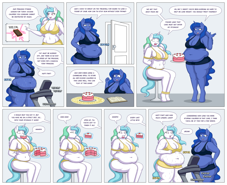 Size: 4400x3600 | Tagged: suggestive, alternate version, artist:lordstormcaller, derpibooru import, princess celestia, princess luna, alicorn, anthro, unguligrade anthro, series:the royal sisters saga, ankle tied, arm behind back, belly, belly button, big belly, bikini, bondage, book, booty shorts, breasts, busty princess celestia, busty princess luna, cake, cakelestia, cheating, chubby, chubbylestia, clothes, comic, dialogue, duo, duo female, exercise, fat, female, females only, fetish, food, force feeding, high res, humiliation, image, jiggle, jpeg, levitation, magic, magic aura, magic circle, obese, onomatopoeia, princess moonpig, punishment, revenge, royal sisters, siblings, sisters, sound effects, speech bubble, spellbook, stomach, stuffing, sweat, swimsuit, teasing, telekinesis, tied up, treadmill, weight gain, weight gain sequence, workout