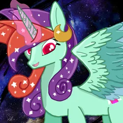 Size: 1280x1280 | Tagged: safe, derpibooru import, oc, oc:skycandy, alicorn, female, image, moon, png, smiling, solo, spread wings, wings