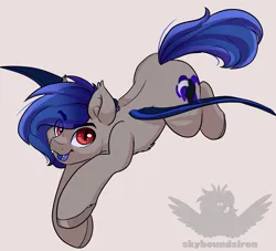 Size: 2200x2000 | Tagged: safe, artist:skyboundsiren, derpibooru import, oc, unofficial characters only, bat pony, pony, blue insides, chest fluff, commission, ear fluff, fangs, full body, hooves, image, male, png, red eyes, signature, simple background, simple shading, slit pupils, solo, spine