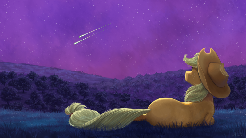 Size: 1920x1080 | Tagged: safe, artist:kisynya193, artist:nikosh14, derpibooru import, applejack, earth pony, pony, facing away, female, g4, image, implied bright mac, implied pear butter, looking up, lying down, mare, night, png, scenery, shooting star, side, solo