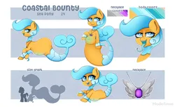 Size: 3000x1842 | Tagged: safe, artist:madelinne, derpibooru import, oc, unofficial characters only, sea pony, abdominal bulge, belly, belly button, blue insides, butt, chibi, fish tail, image, jewelry, large butt, long tongue, necklace, png, reference sheet, size comparison, tail, tongue out