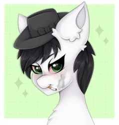 Size: 2200x2300 | Tagged: safe, derpibooru import, oc, earth pony, pony, angry eyes, angry face, black hair, black hat (villainous), black mane, blushing, cigar, cigarette, commission, ear fluff, fluffy, green background, green eyes, hat, image, png, simple background, solo, sparkles, white body