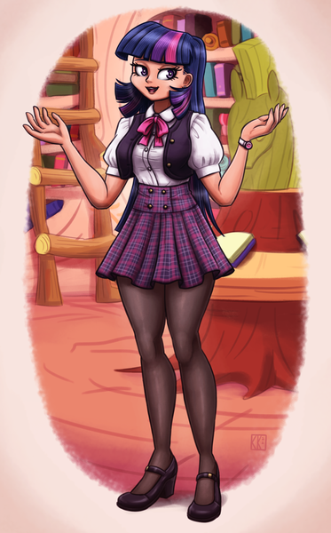 Size: 1460x2350 | Tagged: safe, artist:king-kakapo, derpibooru import, twilight sparkle, human, blouse, book, button-up shirt, clothes, female, golden oaks library, high heels, humanized, image, jewelry, librarian, library, mary janes, necklace, pantyhose, plaid skirt, png, ribbon bow tie, shirt, shoes, shrug, skirt, smug, solo, vest