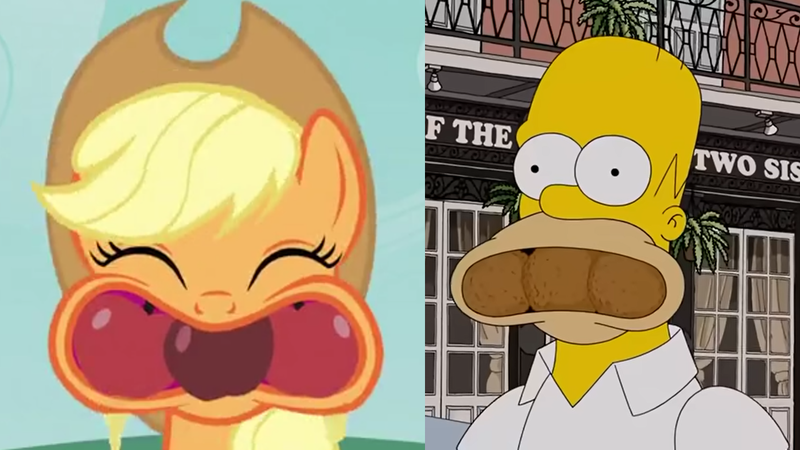 Size: 1280x720 | Tagged: safe, derpibooru import, screencap, applejack, earth pony, human, pony, apple family reunion, apple, comparison, food, food in mouth, homer simpson, image, meme, png, that's my pony, that's my x