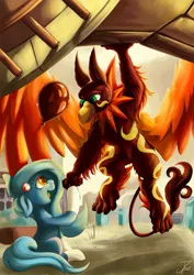 Size: 1237x1750 | Tagged: safe, artist:jamescorck, derpibooru import, oc, unofficial characters only, earth pony, gryphon, pony, duo, earth pony oc, griffon oc, image, png