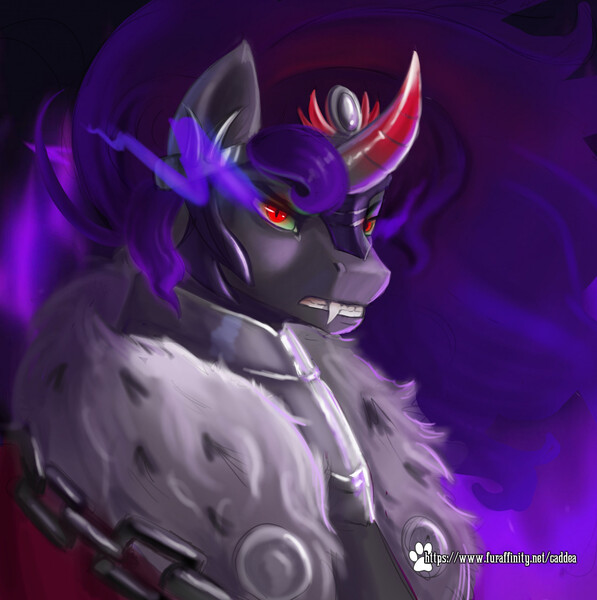 Size: 1914x1925 | Tagged: safe, artist:caddea, derpibooru import, king sombra, pony, unicorn, black mane, chains, clothes, coat, colored horn, crown, curved horn, digital art, fangs, flowing mane, horn, image, jewelry, jpeg, looking at you, male, peytral, red eyes, regalia, solo, sombra eyes, sombra horn, stallion