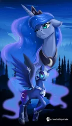 Size: 1451x2539 | Tagged: safe, artist:caddea, derpibooru import, nightmare moon, princess luna, alicorn, pony, armor, blue eyes, blue mane, cloud, colored pupils, crown, crying, digital art, ethereal mane, eyelashes, eyeshadow, female, flowing mane, flowing tail, forest, glow, glowing eyes, horn, image, jewelry, jpeg, lake, makeup, mare, night, peytral, raised hoof, regalia, sky, solo, spread wings, starry mane, stars, tail, teary eyes, tree, water, wing armor, wings