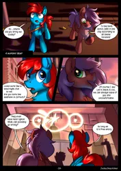 Size: 3508x4961 | Tagged: suggestive, artist:jedayskayvoker, derpibooru import, oc, oc:kladro, oc:vodorod, pegasus, comic:play the record, adorable face, chest fluff, city, cityscape, cute, dialogue, ear fluff, folded wings, image, long hair, long mane, long mane male, neon, nightclub, pegasus oc, png, surprised, wings