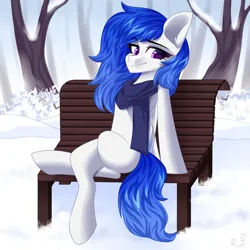 Size: 2000x2000 | Tagged: safe, artist:rinteen, derpibooru import, oc, unofficial characters only, pegasus, pony, bench, clothes, image, png, scarf, snow, solo, tree