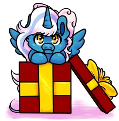 Size: 500x510 | Tagged: safe, artist:wildnature03, derpibooru import, oc, oc:fleurbelle, unofficial characters only, alicorn, pony, alicorn oc, bow, box, christmas presents, hair bow, horn, if i fits i sits, image, looking at you, png, present, simple background, solo, transparent background, wings, yellow eyes