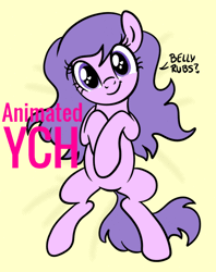 Size: 548x693 | Tagged: safe, artist:lannielona, derpibooru import, oc, unofficial characters only, earth pony, pony, advertisement, animated, bed, belly, bellyrubs, commission, eye shimmer, female, gif, hooves on belly, image, looking at you, lying down, mare, on back, smiling, solo, wingding eyes, ych animation, your character here