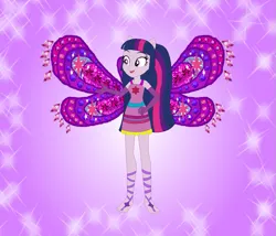 Size: 843x721 | Tagged: safe, artist:loladreamteam, artist:selenaede, artist:user15432, derpibooru import, twilight sparkle, twilight sparkle (alicorn), alicorn, fairy, human, equestria girls, alternate hairstyle, barefoot, barely eqg related, base used, clothes, colored wings, crossover, dress, enchantix, fairy wings, fairyized, feet, gloves, gradient wings, image, long hair, open mouth, png, ponied up, purple background, purple dress, purple wings, simple background, sparkly background, wings, winx, winx club, winxified