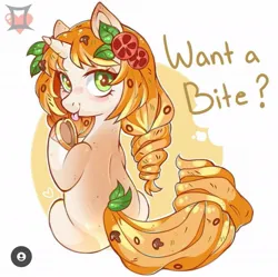 Size: 1079x1074 | Tagged: safe, artist:lbaby225, derpibooru import, ponified, food pony, original species, pizza pony, pony, unicorn, food, image, jpeg, looking at you, looking back, looking back at you, pizza, solo, spine, tongue out, underhoof
