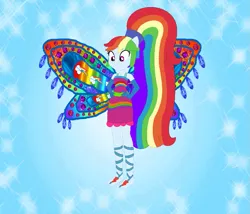 Size: 843x722 | Tagged: safe, artist:loladreamteam, artist:selenaede, artist:user15432, derpibooru import, rainbow dash, fairy, human, equestria girls, alternate hairstyle, barefoot, barely eqg related, base used, blue background, clothes, colored wings, crossover, dress, enchantix, fairy wings, fairyized, feet, gloves, gradient wings, hand on hip, image, long hair, multicolored wings, pink dress, png, ponied up, ponytail, rainbow dress, rainbow wings, simple background, smiling, sparkly background, wings, winx, winx club, winxified