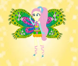 Size: 843x722 | Tagged: safe, artist:loladreamteam, artist:selenaede, artist:user15432, derpibooru import, fluttershy, fairy, human, equestria girls, alternate hairstyle, barefoot, barely eqg related, base used, clothes, colored wings, crossover, enchantix, fairy wings, fairyized, feet, gloves, gradient wings, image, long hair, peace sign, pink dress, png, ponied up, ponytail, simple background, smiling, sparkly background, wings, winx, winx club, winxified, yellow background, yellow wings