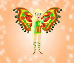 Size: 843x722 | Tagged: safe, artist:loladreamteam, artist:selenaede, artist:user15432, derpibooru import, applejack, fairy, human, equestria girls, alternate hairstyle, barefoot, barely eqg related, base used, clothes, colored wings, crossover, dress, enchantix, fairy wings, fairyized, feet, gloves, gradient wings, green dress, image, long hair, open mouth, orange background, orange wings, png, ponied up, simple background, sparkly background, wings, winx, winx club, winxified