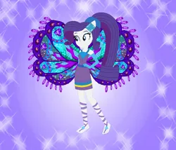 Size: 842x722 | Tagged: safe, artist:loladreamteam, artist:selenaede, artist:user15432, derpibooru import, rarity, fairy, human, equestria girls, alternate hairstyle, barefoot, barely eqg related, base used, clothes, colored wings, crossover, dress, enchantix, fairy wings, fairyized, feet, gloves, gradient wings, hand on hip, image, long hair, png, ponied up, ponytail, purple background, purple dress, purple wings, simple background, smiling, sparkly background, wings, winx, winx club, winxified