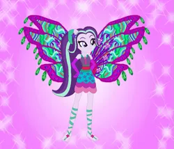 Size: 843x722 | Tagged: safe, artist:loladreamteam, artist:selenaede, artist:user15432, derpibooru import, starlight glimmer, fairy, human, equestria girls, alternate hairstyle, barefoot, barely eqg related, base used, clothes, colored wings, crossover, enchantix, fairy wings, fairyized, feet, gloves, gradient wings, hand on hip, image, long hair, png, ponytail, purple background, purple dress, purple wings, simple background, smiling, sparkly background, wings, winx, winx club, winxified
