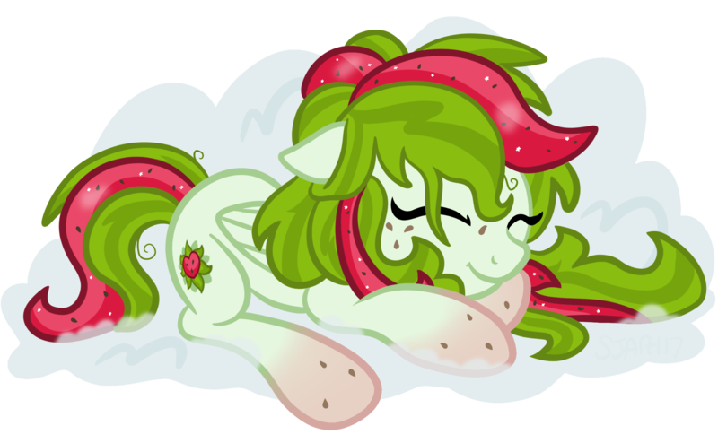 Size: 2280x1408 | Tagged: safe, artist:sjart117, derpibooru import, oc, oc:watermelana, unofficial characters only, cloud, freckles, gradient hooves, image, png, simple background, sleeping, smiling, solo, transparent background