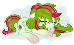 Size: 2280x1408 | Tagged: safe, artist:sjart117, derpibooru import, oc, oc:watermelana, unofficial characters only, cloud, freckles, gradient hooves, image, png, simple background, sleeping, smiling, solo, transparent background