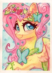 Size: 1471x2076 | Tagged: safe, artist:dandy, derpibooru import, fluttershy, butterfly, insect, pony, blushing, butterfly hairpin, clothes, cute, dress, ear fluff, female, flower, flower in hair, gala dress, image, looking at you, png, shyabetes, smiling, smiling at you, solo, traditional art, watercolor painting